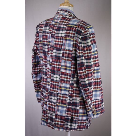 Etienne Aigner Men's Patchwork Madras Red Blue Plaid Cotton Blazer Large 44R - Picture 7 of 9